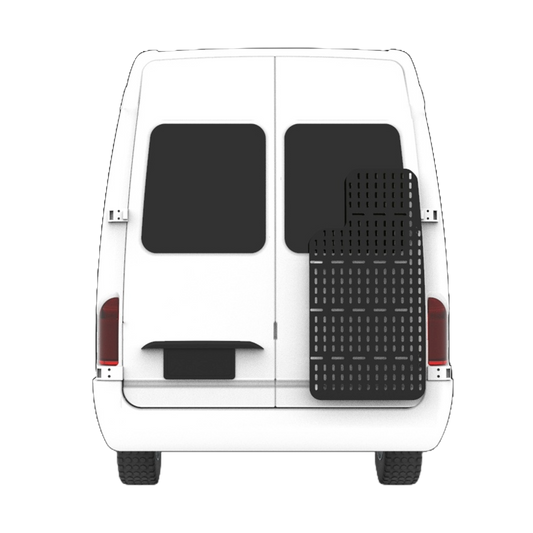 Back of white sprinter van with aluminum black van attachment.