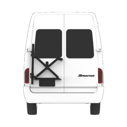 White Sprinter Van with XR Rack Mounted on Left Rear Door.