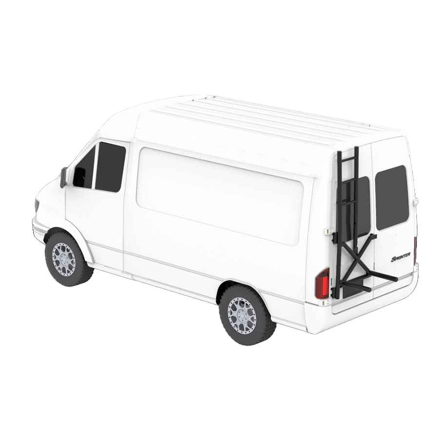 Diagonal white sprinter van with X-Rack with climber attachment.