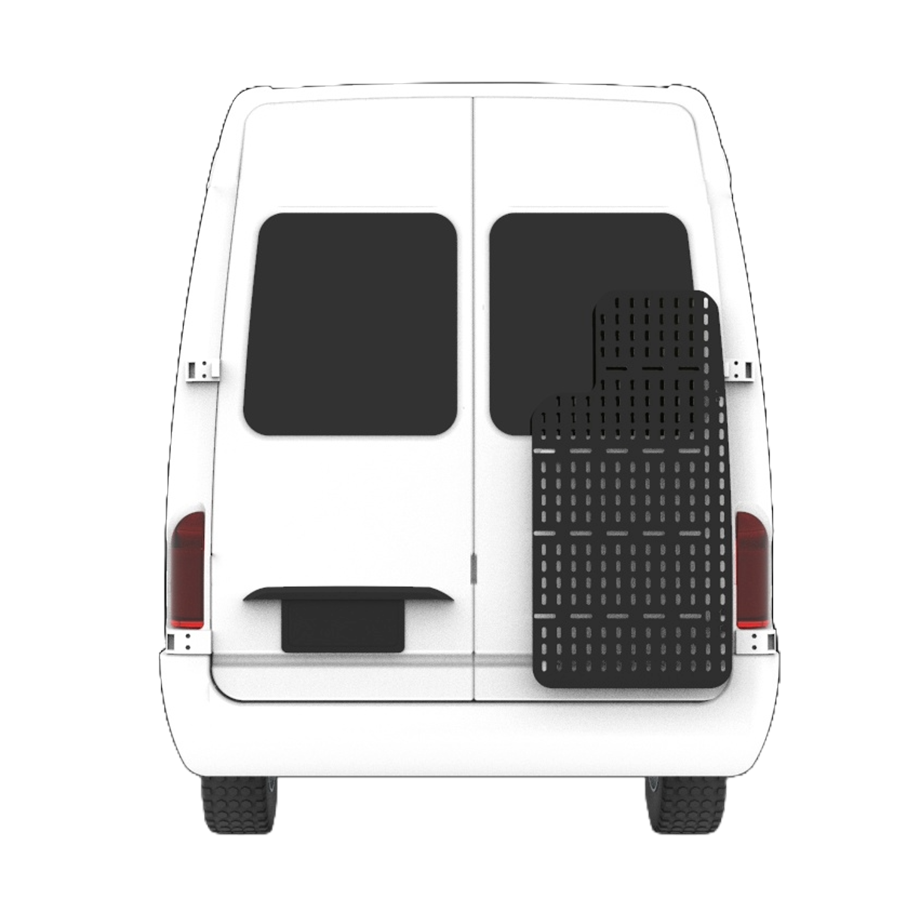 Back of white sprinter van with aluminum black van attachment.