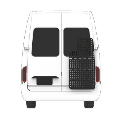 Back of white sprinter van with aluminum black van attachment.