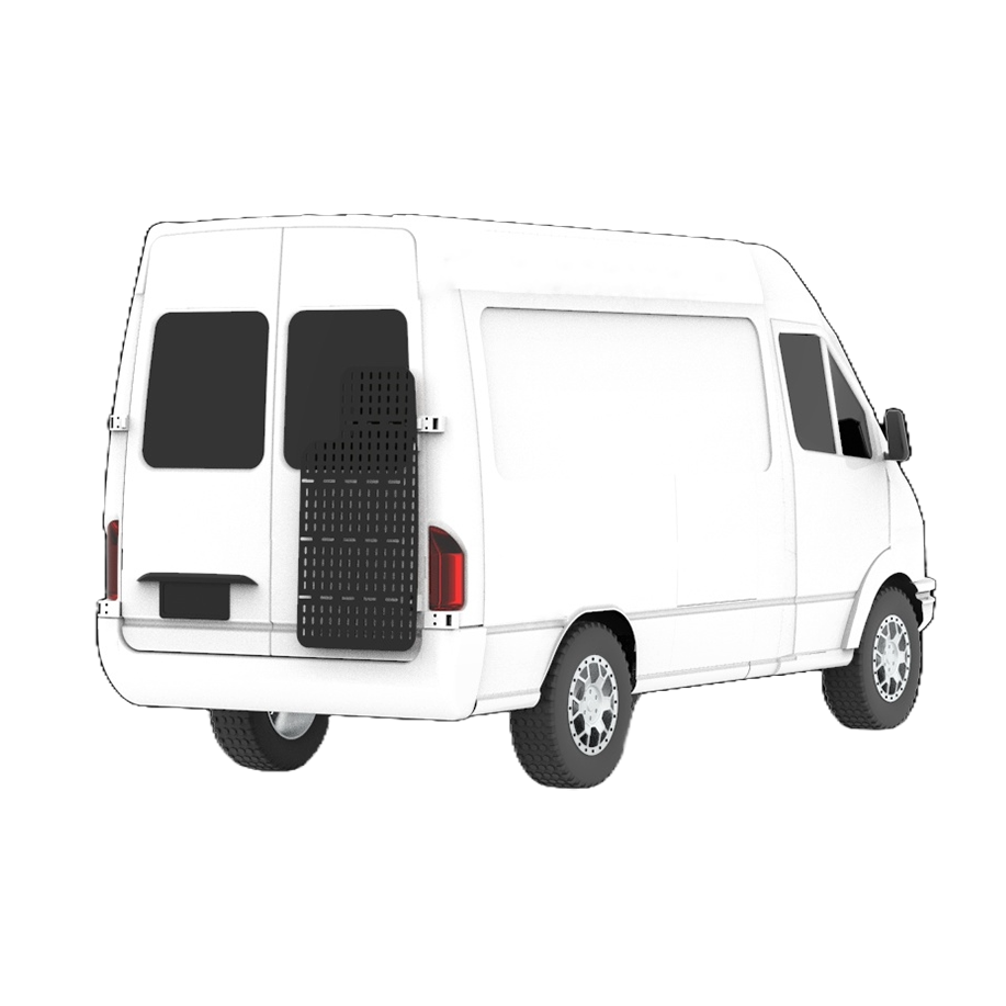 Back of white sprinter van with aluminum black van attachment.