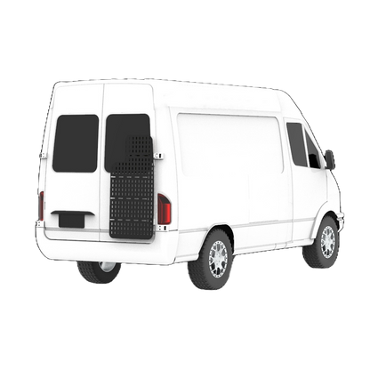 Back of white sprinter van with aluminum black van attachment.