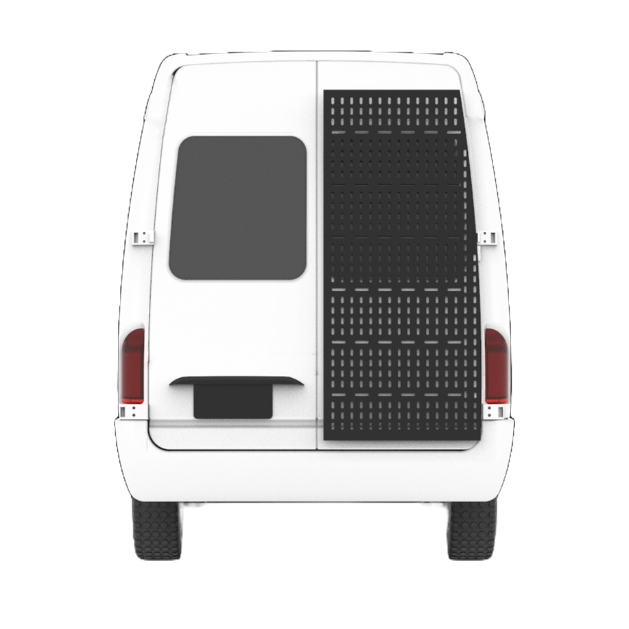 White sprinter van product mockup with large Mule Back XL panel on right side of van rear. 