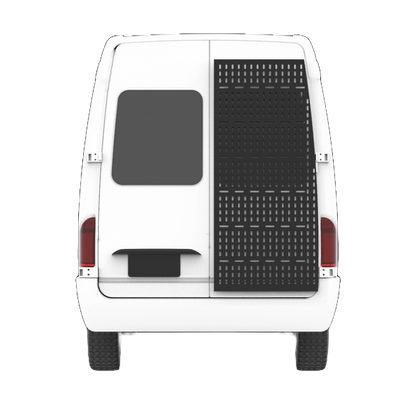 White sprinter van product mockup with large Mule Back XL panel on right side of van rear. 