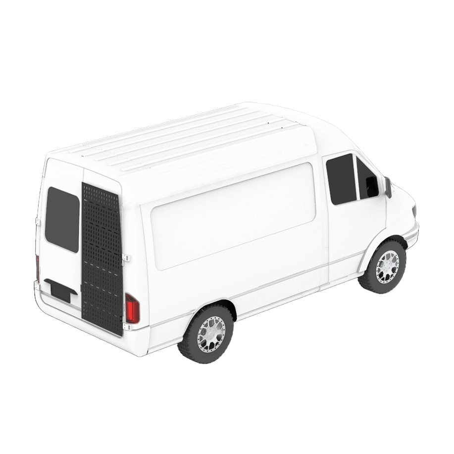 White sprinter van product rendering diagonal with large Mule Back XL panel on right side of van rear.