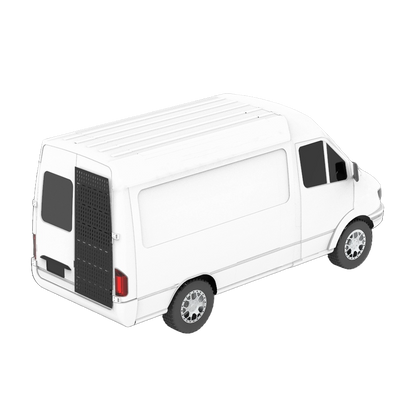 White sprinter van product rendering diagonal with large Mule Back XL panel on right side of van rear.