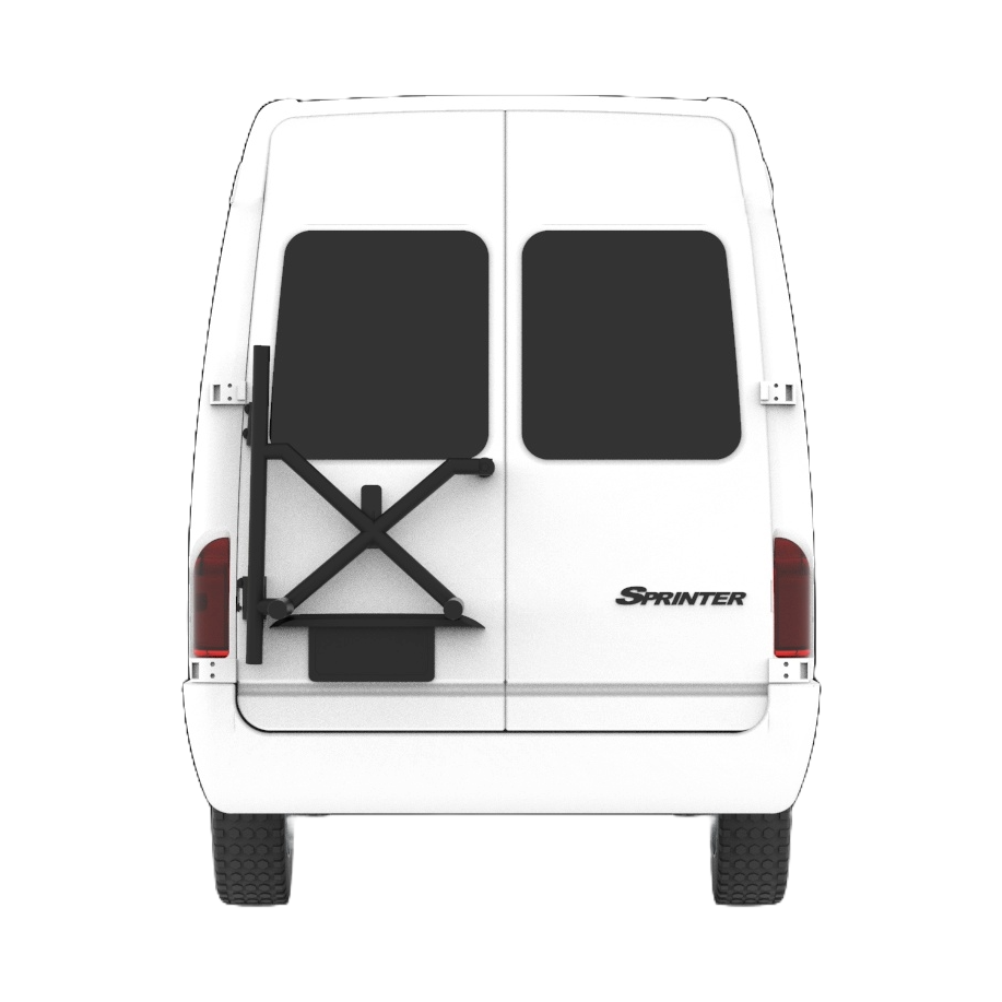 White Sprinter Van with XR Rack Mounted on Left Rear Door.