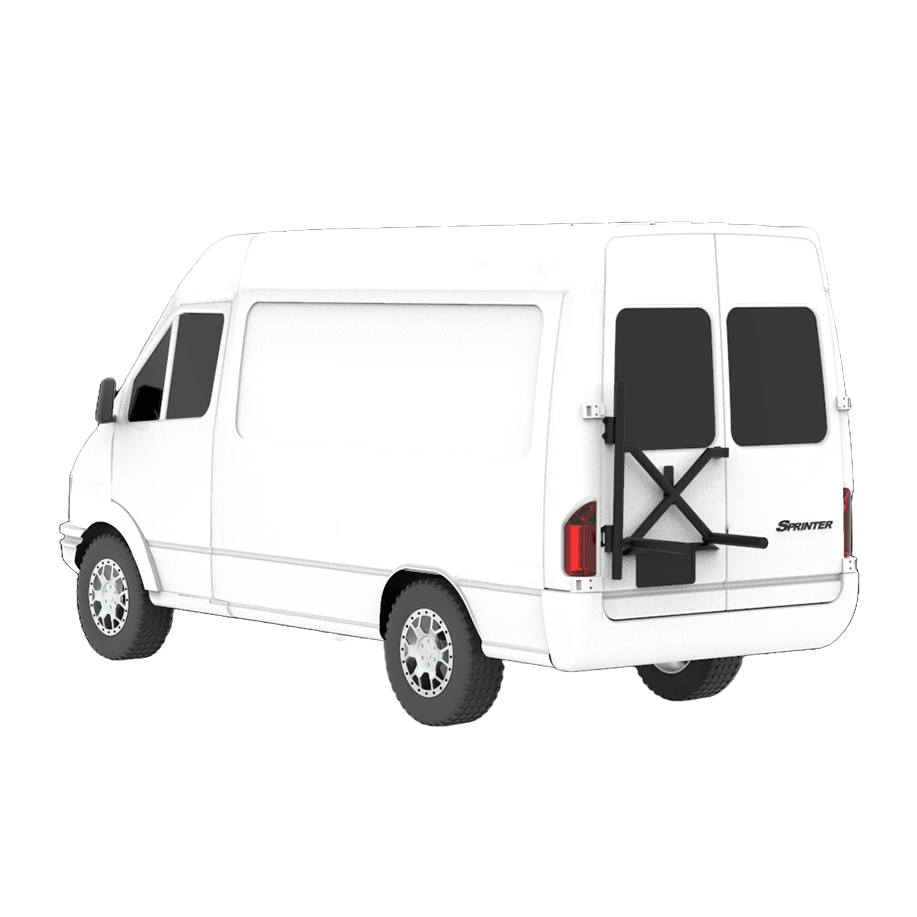 White Sprinter Van with XR Rack Mounted on Left Rear Door.