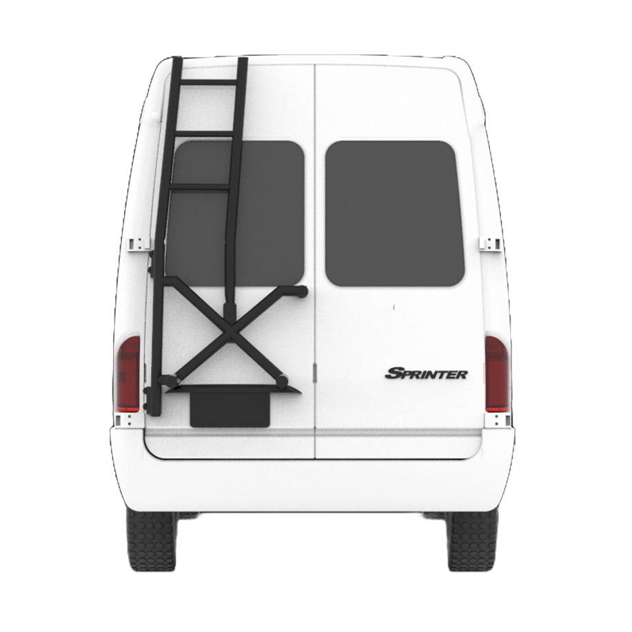 X Rack with climber on back left door of sprinter van.