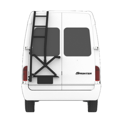 X Rack with climber on back left door of sprinter van.