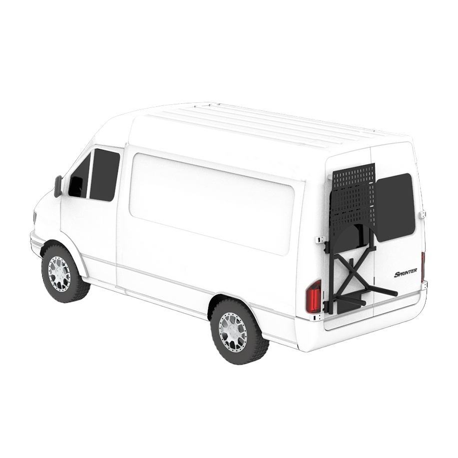 X Rack with half paneled upper component on white sprinter van.